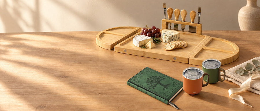 Tábua de bambu, canecas e caderno LUMAI sobre a mesa
