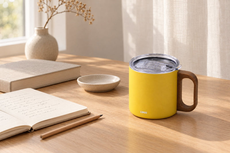 Caneca Caraíva amarela sobre uma mesa de trabalho ao lado de um caderno
