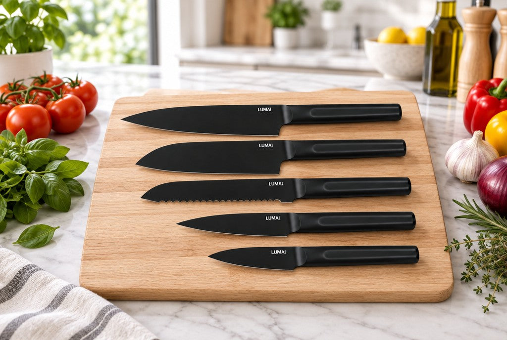 Conjunto de facas London LUMAI, todo em aço inox preto, sobre a tábua na bancada da cozinha