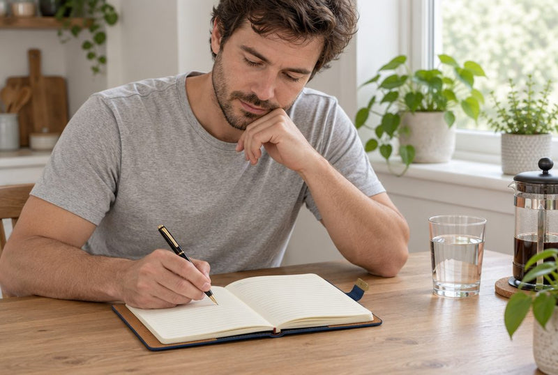 Homem escrevendo em um caderno LUMAI Cartagena azul na mesa da cozinha