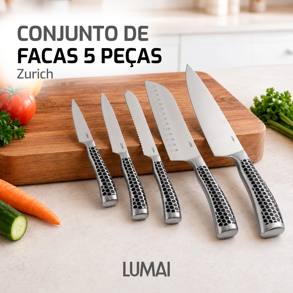 Conjunto de Facas 5 Peças Aço Inox Inteiriço Zurique Preto