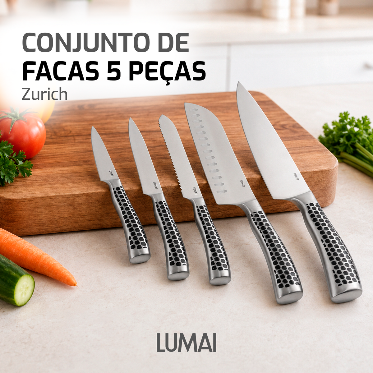 Conjunto de Facas 5 Peças Aço Inox Inteiriço Zurique Preto