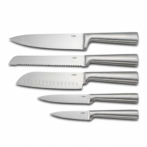 5 facas em aço inox com cabos prateados alinhadas sobre fundo branco, incluindo chef, pão, santoku e utilitárias