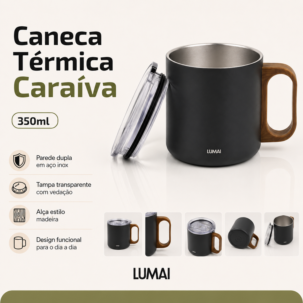 Banner mostrando caneca preta com tampa ao lado e miniaturas de diferentes ângulos, capacidade 350ml