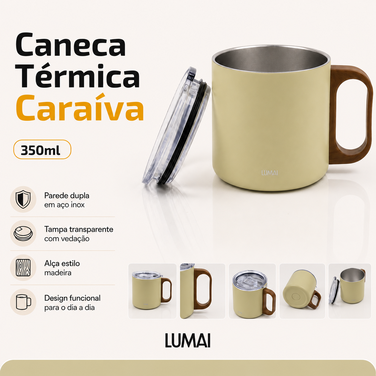 Banner com caneca térmica amarela e tampa transparente ao lado, destacando capacidade de 350ml e materiais