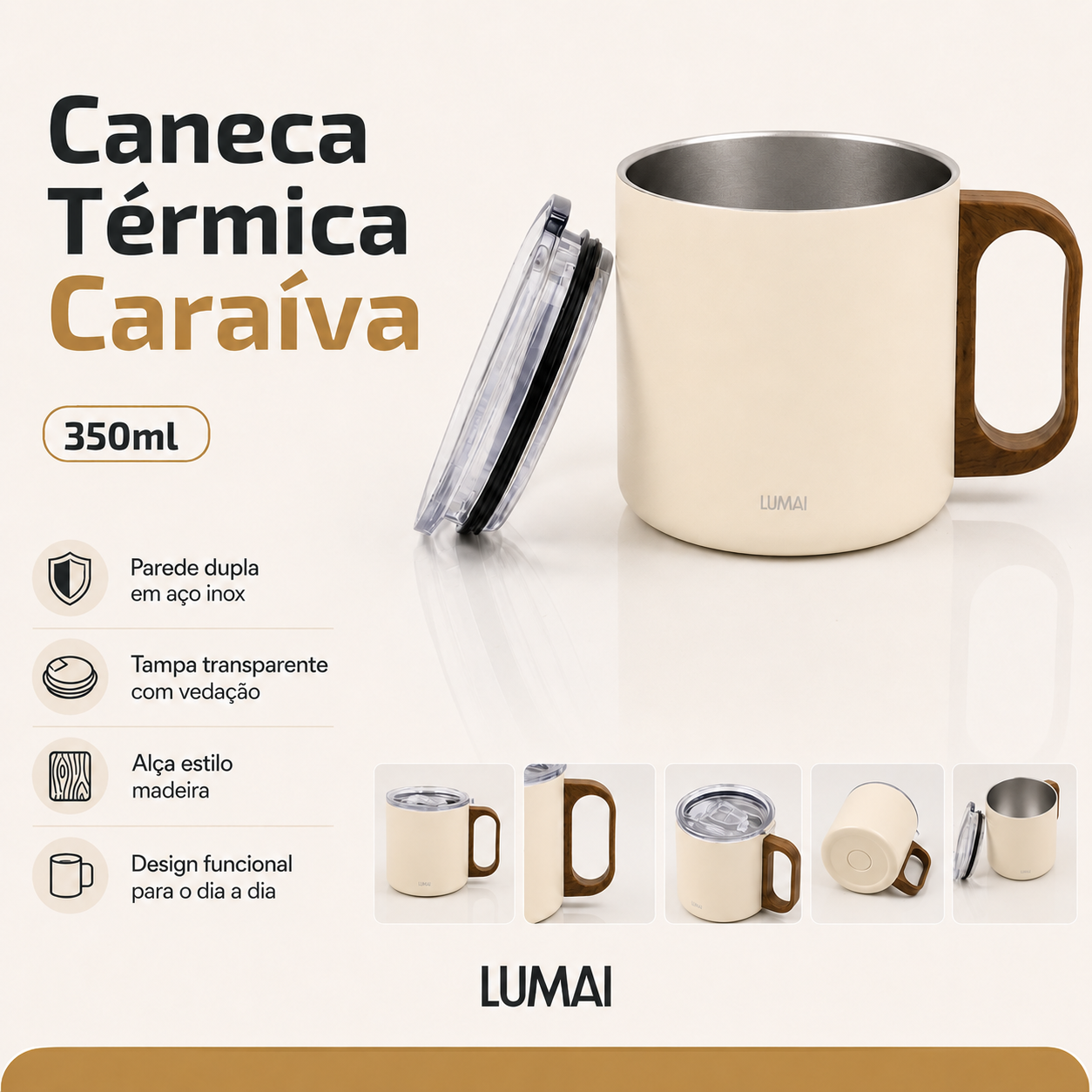 Infográfico mostrando caneca térmica 350ml com tampa aberta, destacando parede dupla em inox e alça estilo madeira
