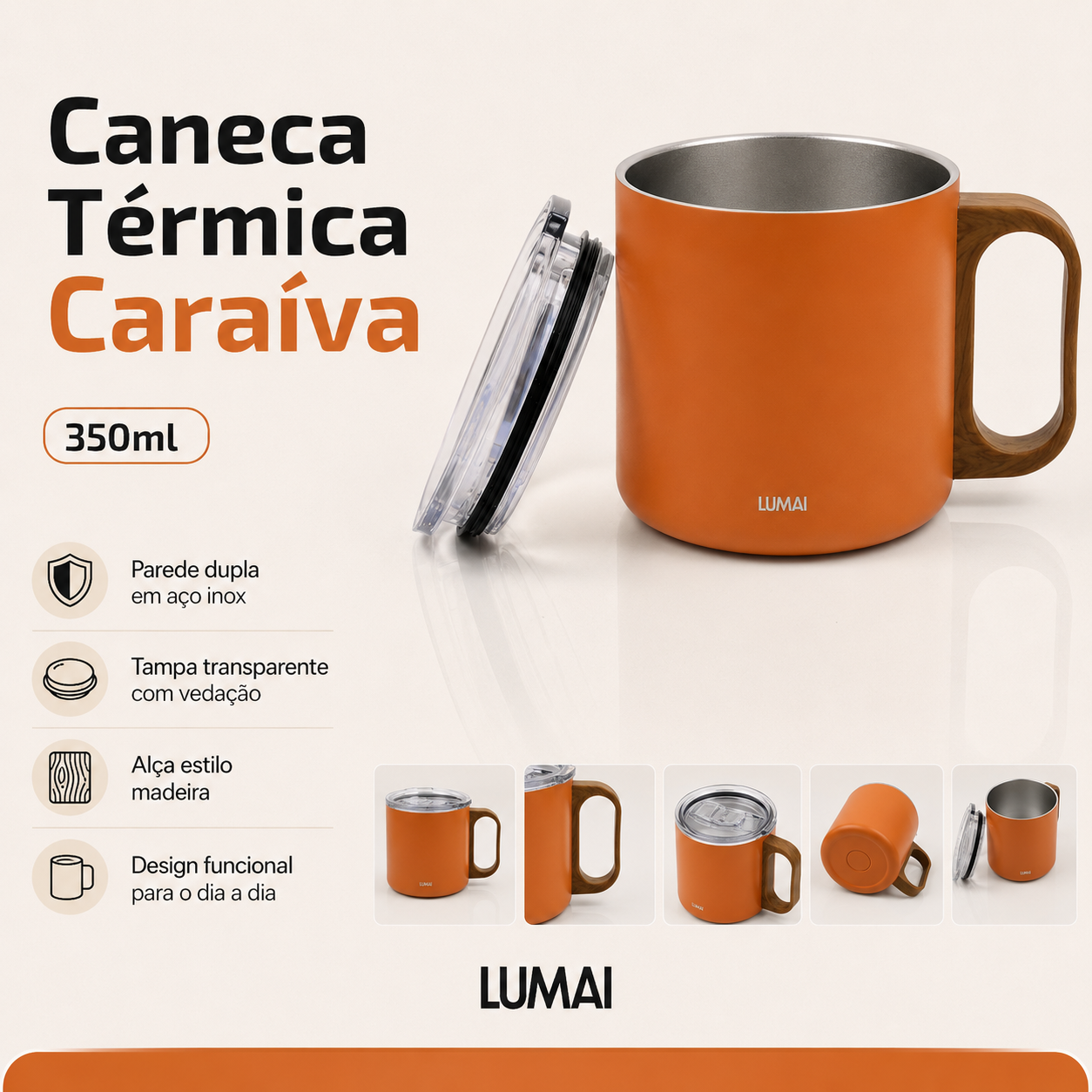 Infográfico com caneca térmica laranja de 350ml, tampa transparente ao lado e ícones de características
