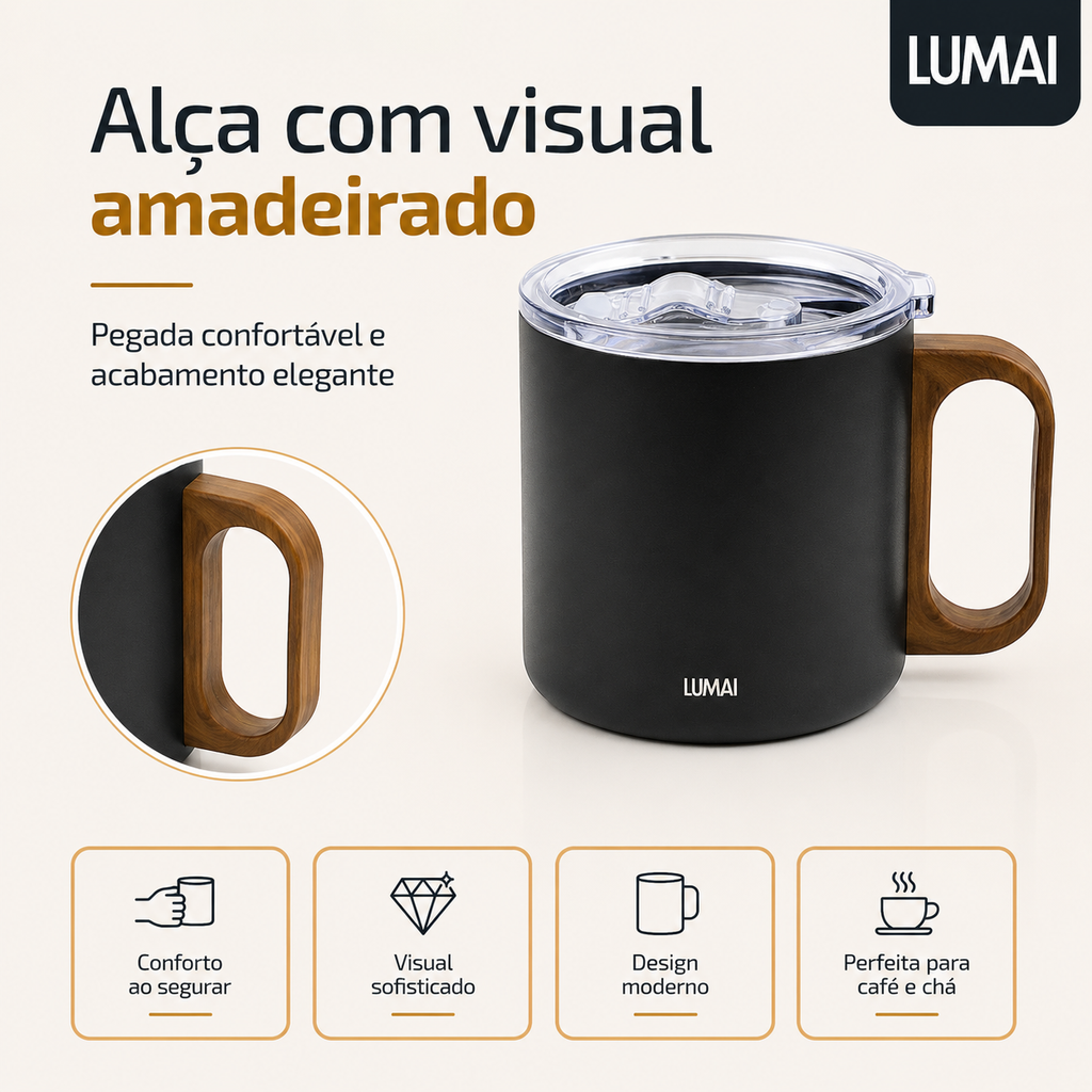 Detalhe da alça oval em acabamento amadeirado contrastando com corpo preto fosco da caneca