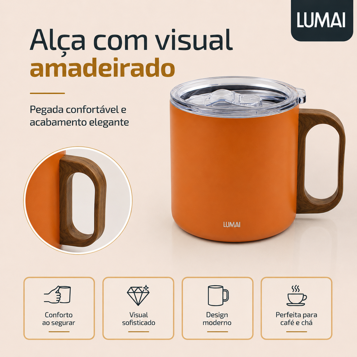 Detalhe em close da alça arredondada com acabamento imitação madeira escura sobre corpo laranja