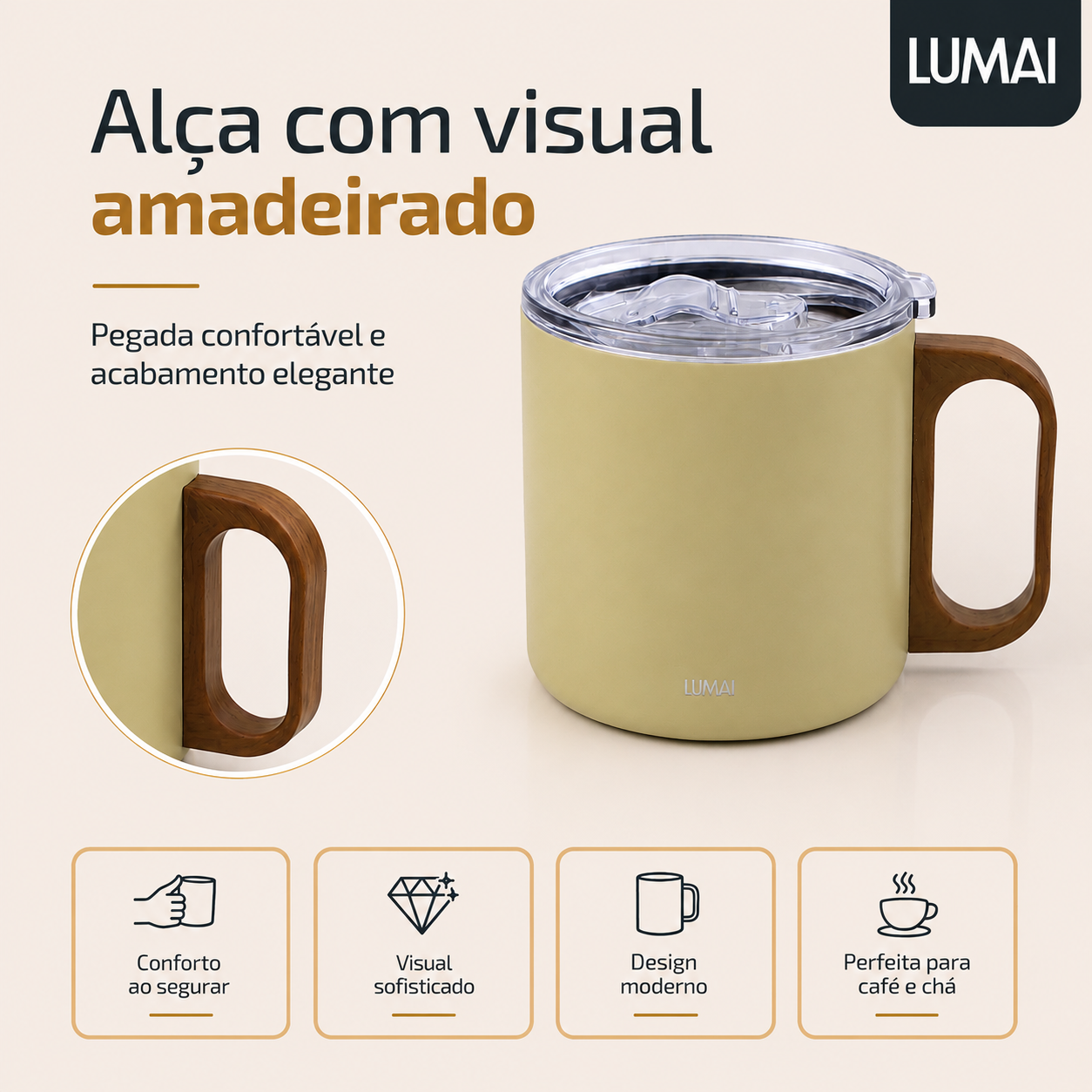 Detalhe da alça ergonômica com acabamento amadeirado marrom escuro em caneca térmica amarelo claro