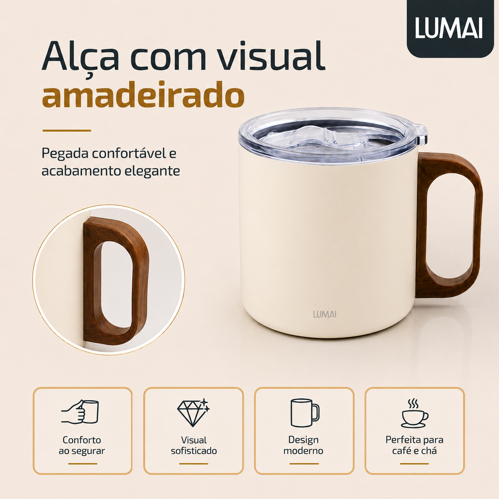 Close da alça com visual amadeirado em destaque, mostrando design ergonômico e tampa transparente com trava