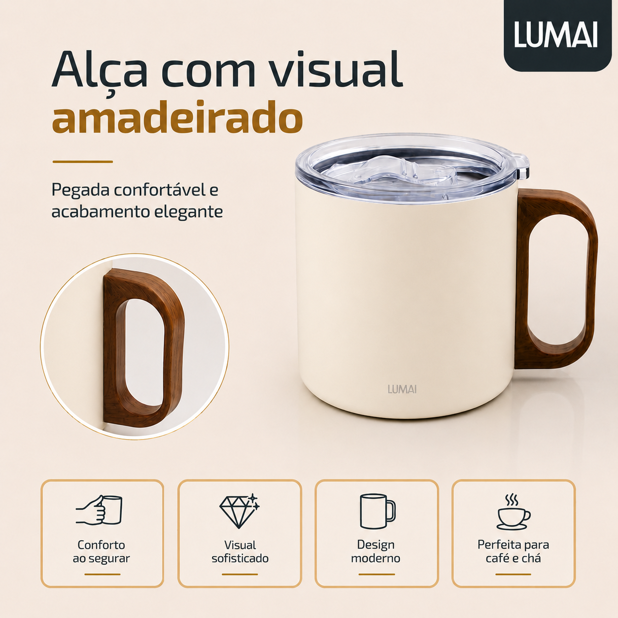 Close da alça com visual amadeirado em destaque, mostrando design ergonômico e tampa transparente com trava
