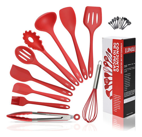 Kit 10 Utensilios de Silicone Miami Vermelho