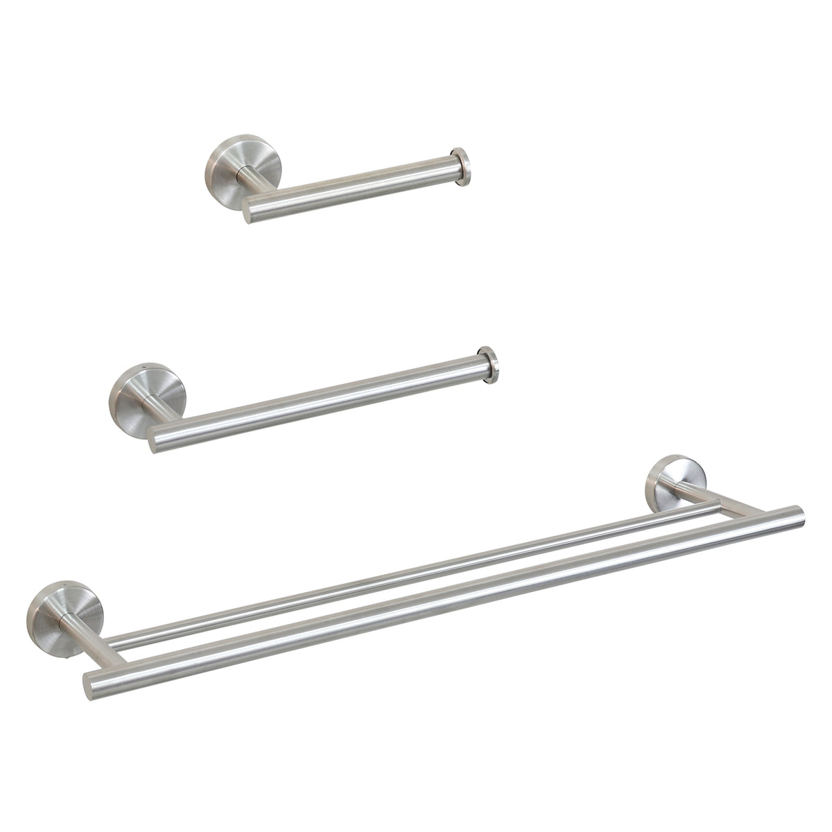 Kit com três acessórios de banheiro em aço inox escovado dispostos lado a lado: toalheiro duplo, suporte rotativo e porta pap