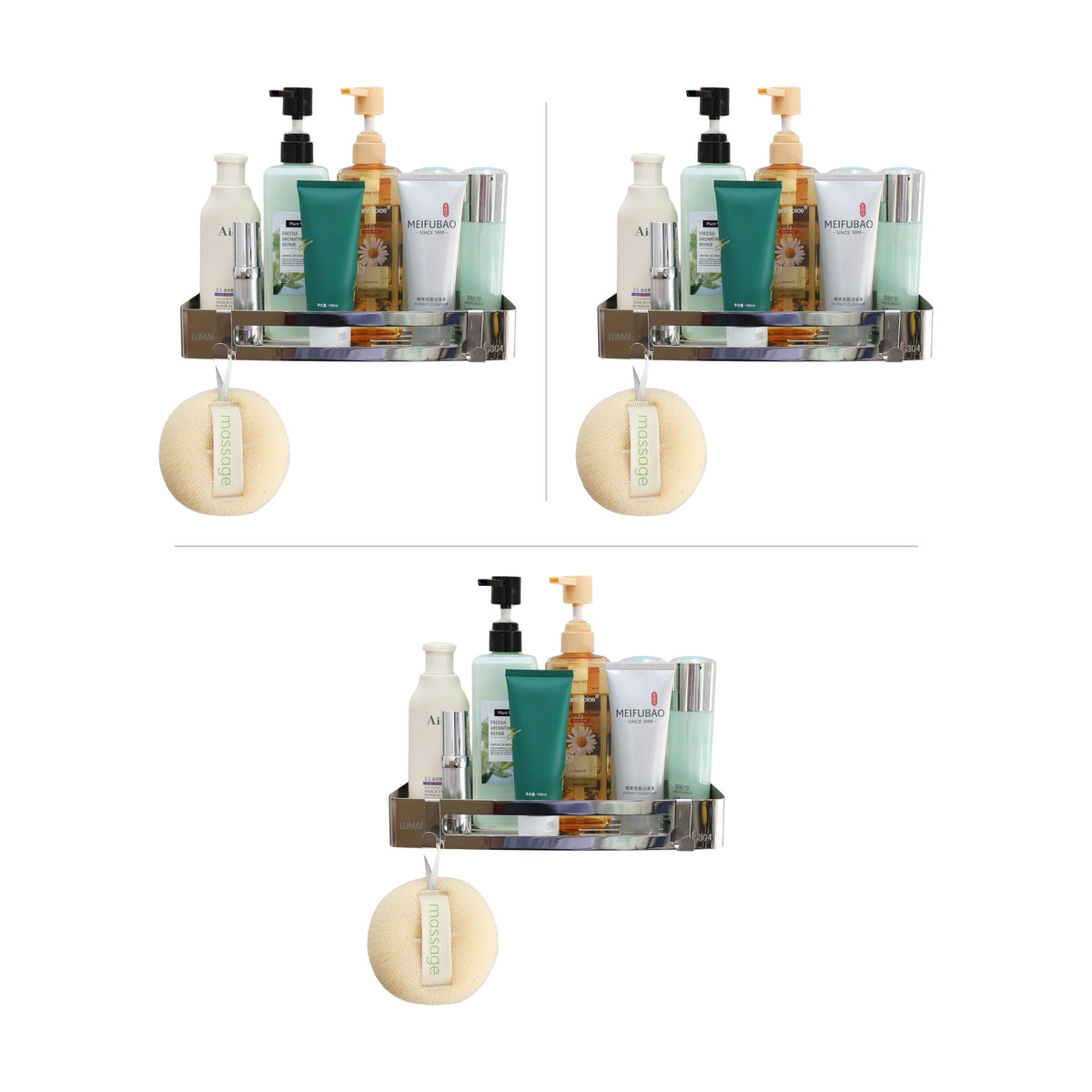 Kit 3 Suportes Porta-Shampoo Retangulares para Banheiro Marselha Prata: 3 unidades lado a lado