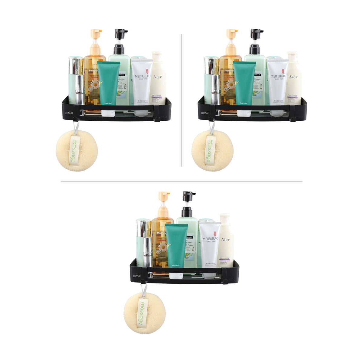Kit 3 Suportes Porta-Shampoo Retangulares para Banheiro Marselha Preto: 3 unidades lado a lado