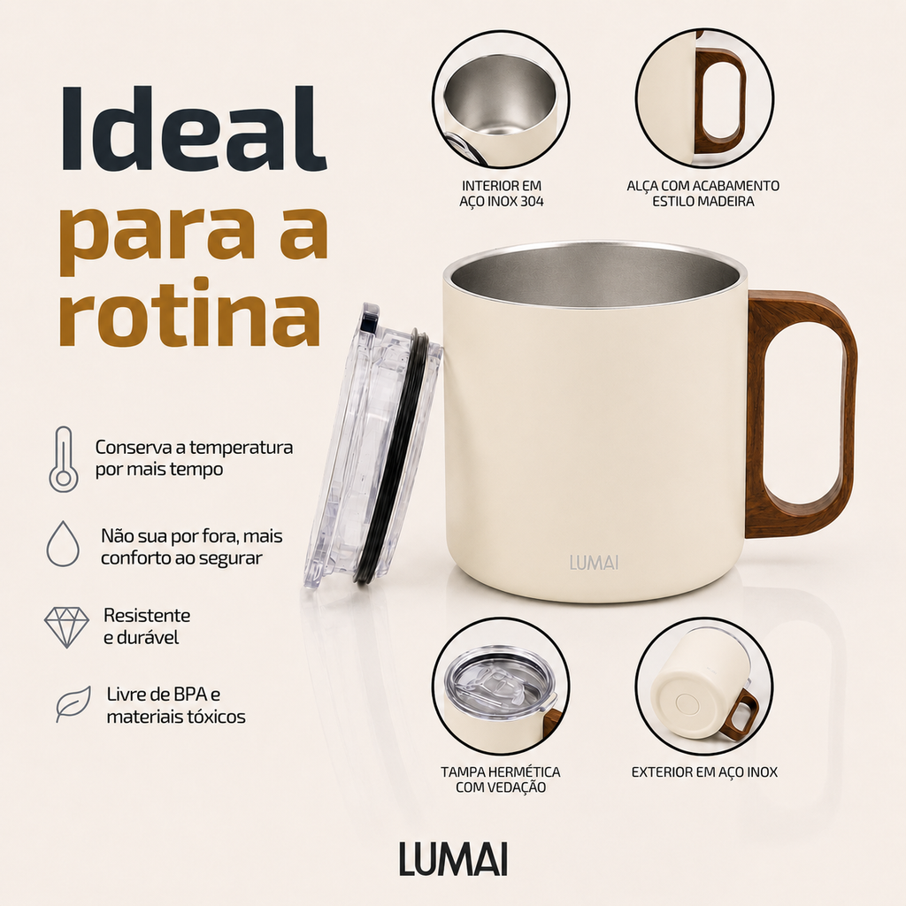 Detalhes técnicos da caneca: interior em aço inox, alça amadeirada, tampa hermética e base externa em aço inox