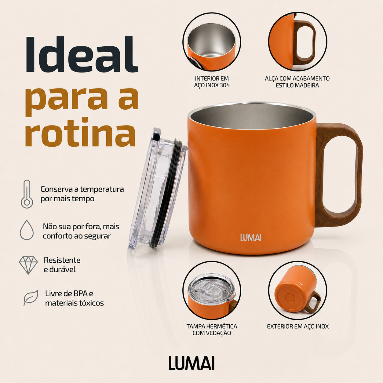 Banner mostrando interior em aço inox e detalhes da alça amadeirada com círculos informativos