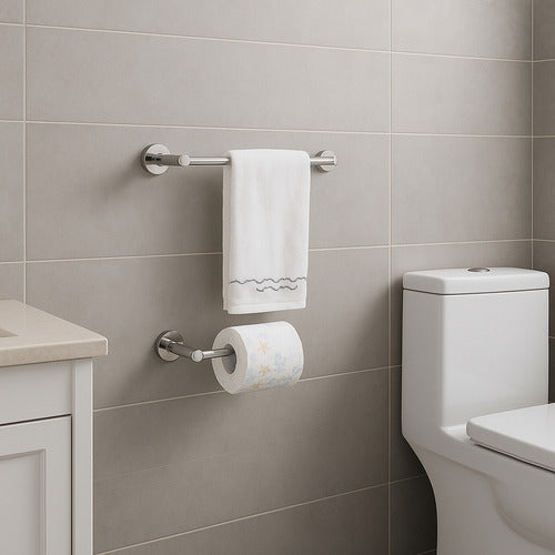 Kit Suporte Toalha De Rosto E Porta Papel Higiênico Inox Prateado