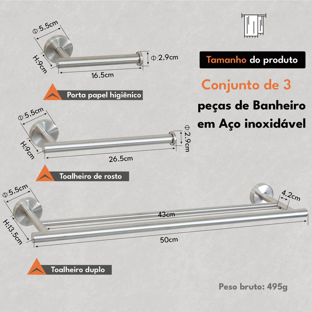 Medidas do kit Sintra: porta-papel 16,5 cm, toalheiro de rosto 26,5 cm e toalheiro duplo 50 cm