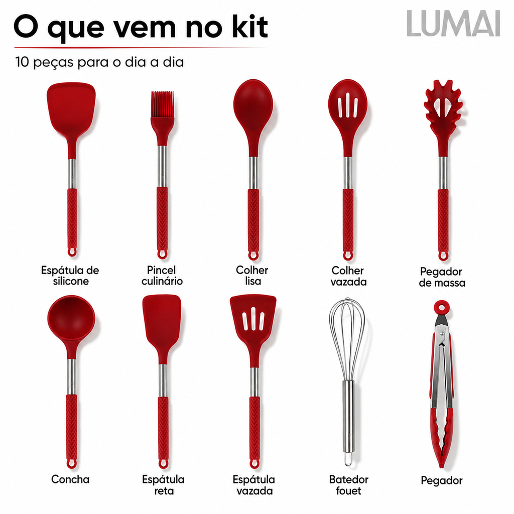Kit de 10 Utensílios com Cabo de Aço Inox e Silicone Berlim Vermelho