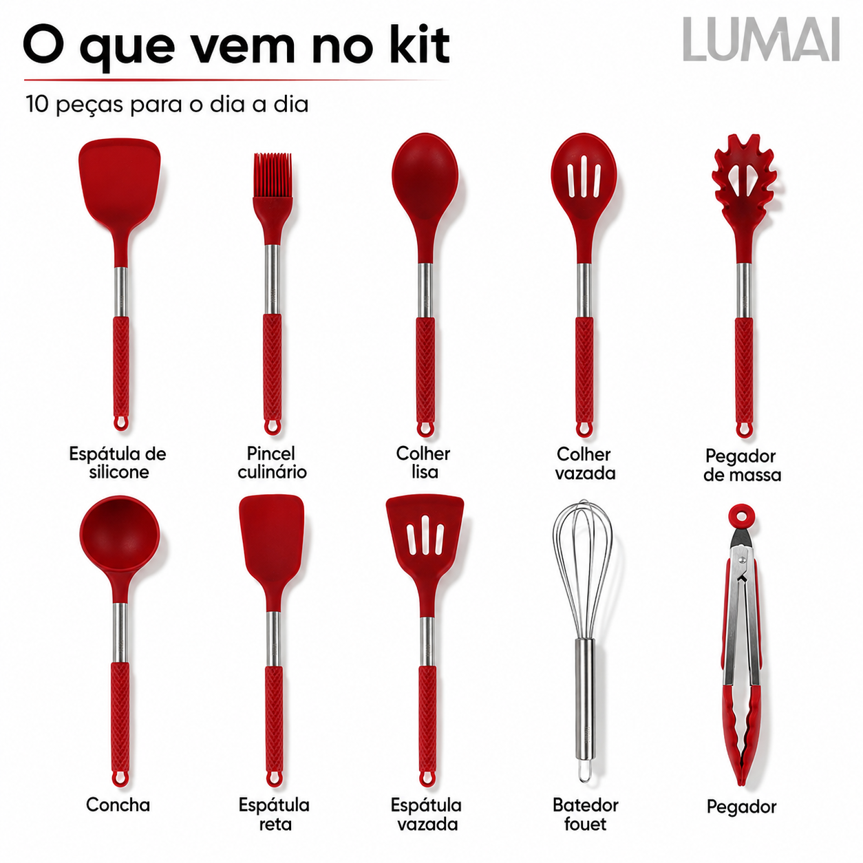 Kit de 10 Utensílios com Cabo de Aço Inox e Silicone Berlim Vermelho
