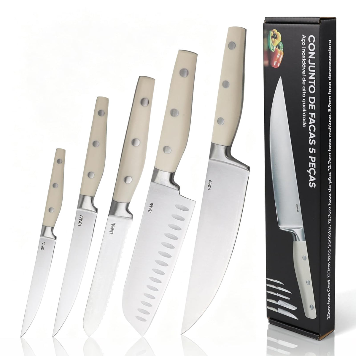Conjunto de Facas 5 Peças 3 Rebites Dublin Branco