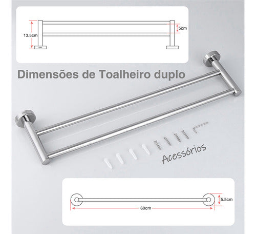 Kit Toalheiro Duplo, Porta Papel Higiênico E Toalha De Rosto Prateado
