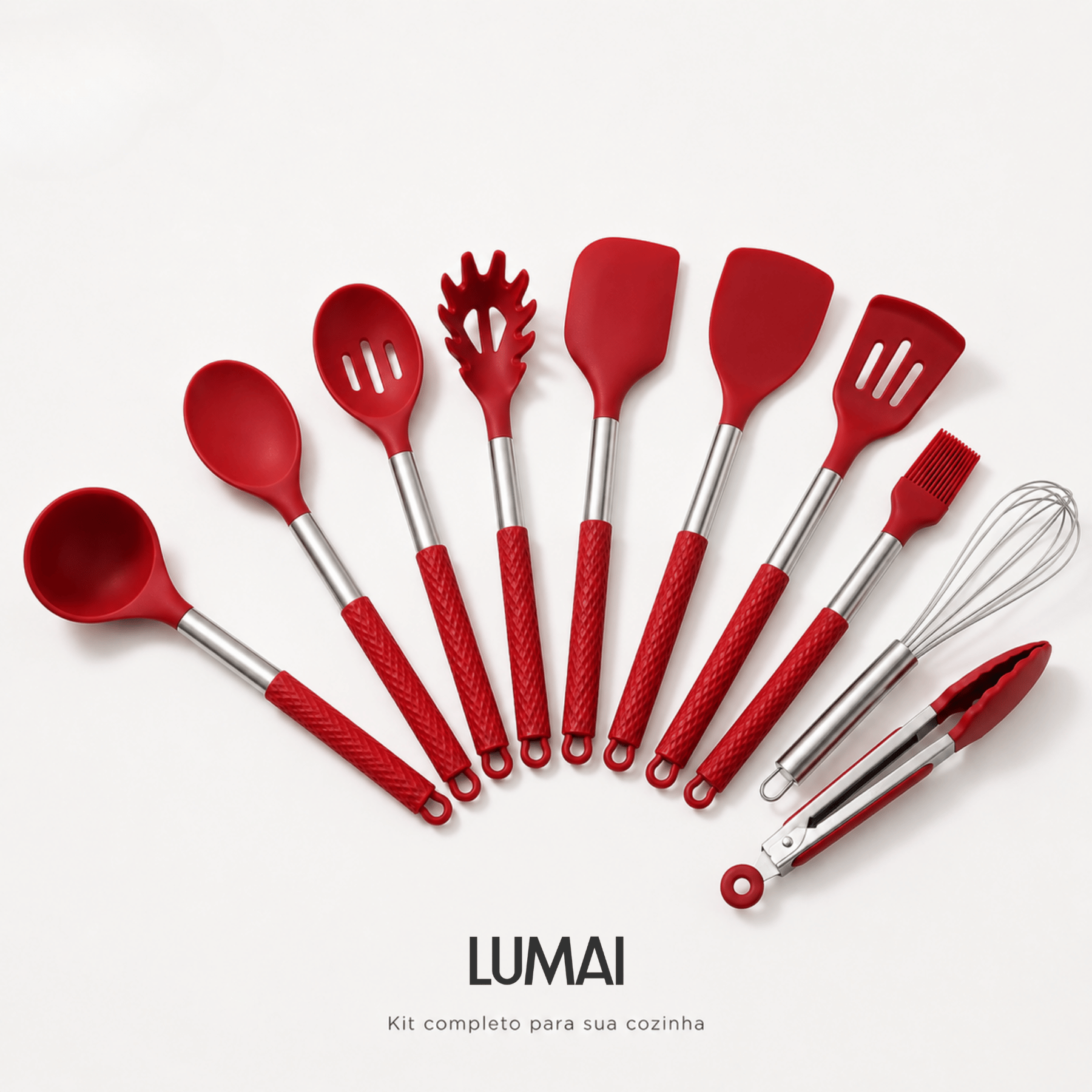 Kit de 10 Utensílios com Cabo de Aço Inox e Silicone Berlim Vermelho