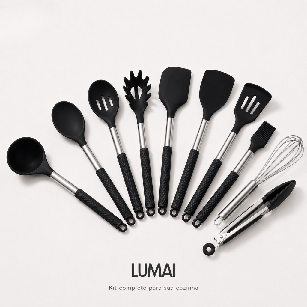 Kit de 10 Utensílios com Cabo de Aço Inox e Silicone Berlim Preto