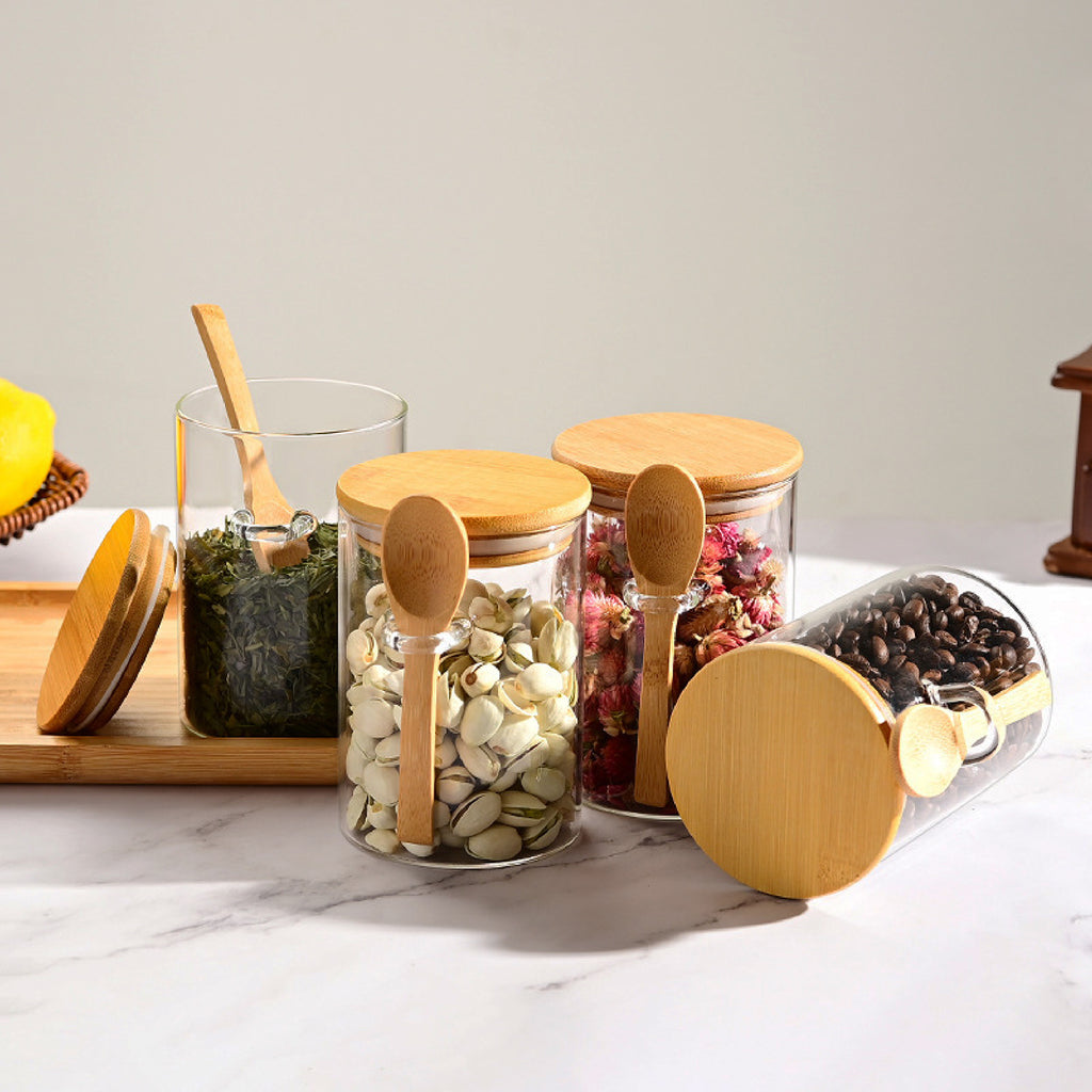 Kit 3 Potes de Vidro 550ml com Tampa de Bambu e Colher Campos do Jordão