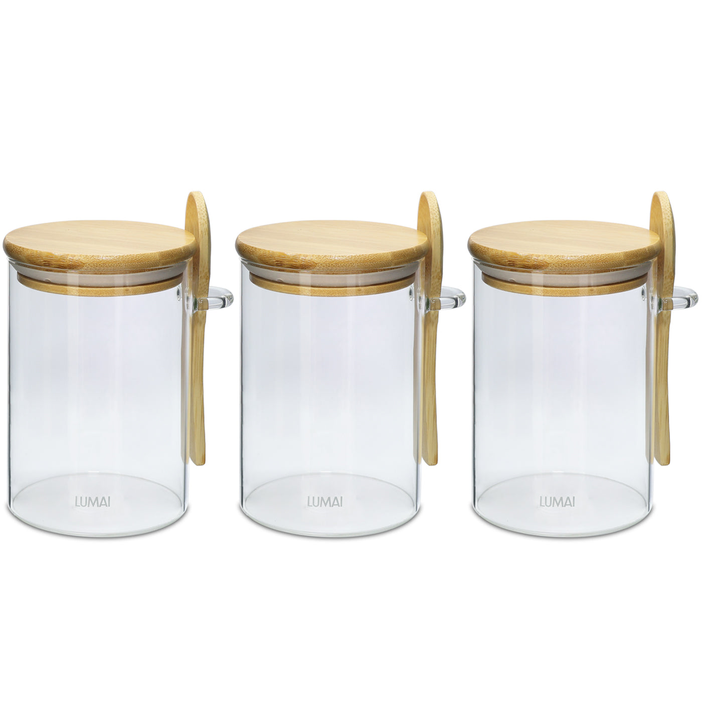 Kit 3 Potes de Vidro 550ml com Tampa de Bambu e Colher Campos do Jordão