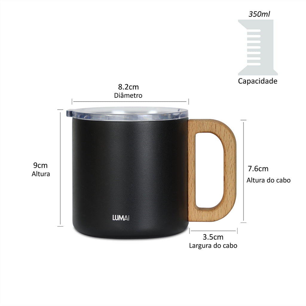 Caneca Térmica com Alça de Madeira Vietnã Preta