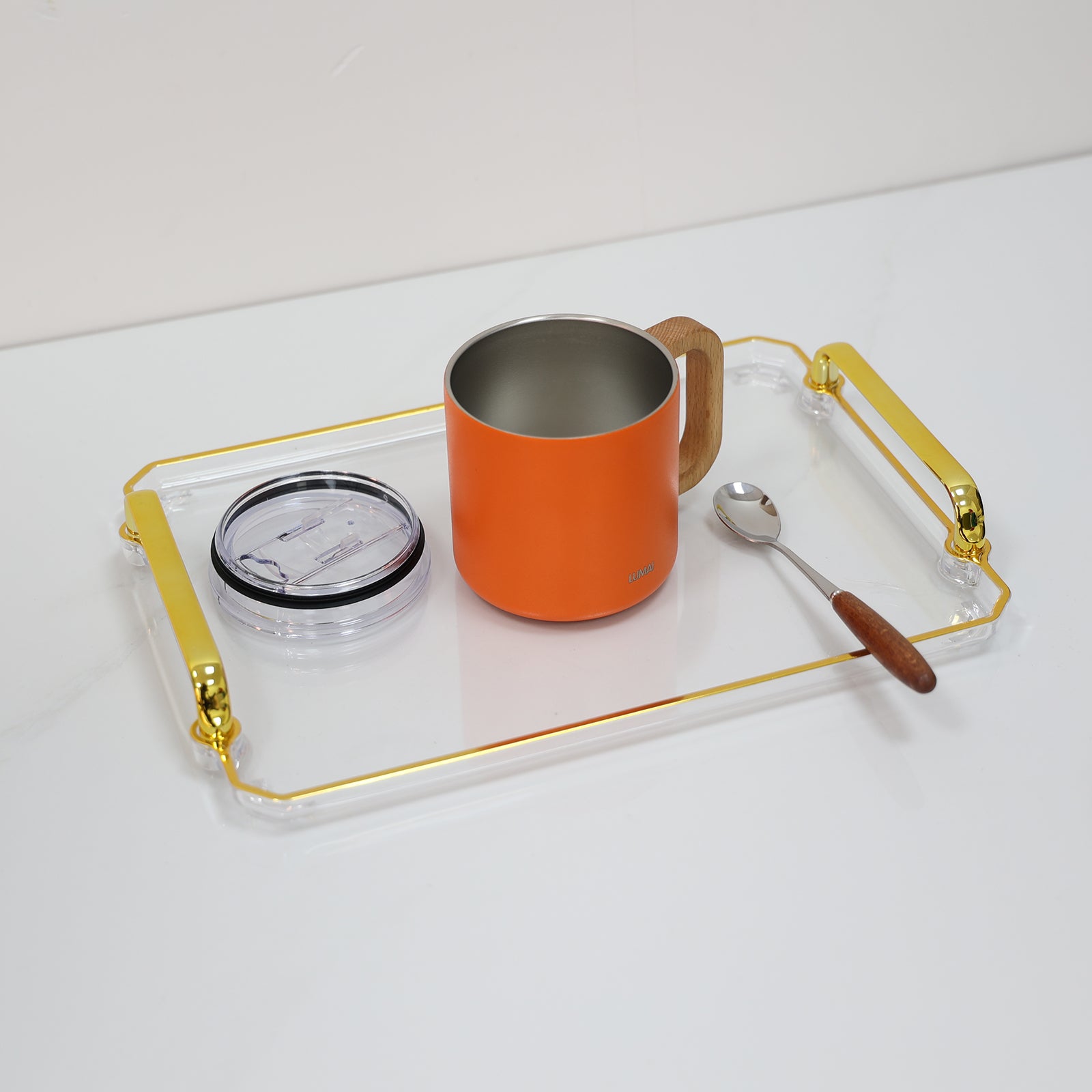 Caneca Térmica com Alça de Madeira Vietnã Laranja