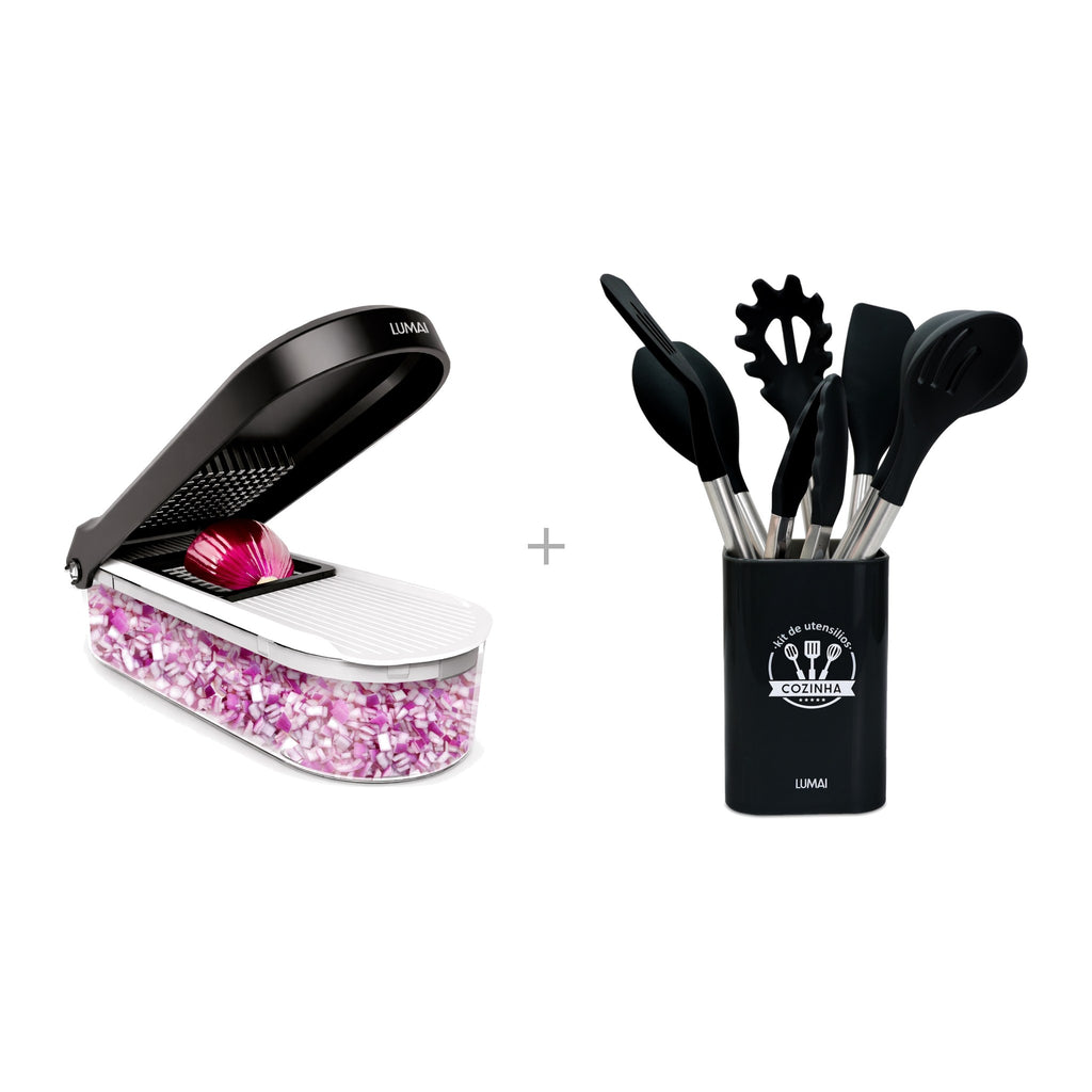 Kit Tóquio + Berlim: Fatiador 6 em 1 e 8 Utensílios de Cozinha Preto: os itens do kit lado a lado