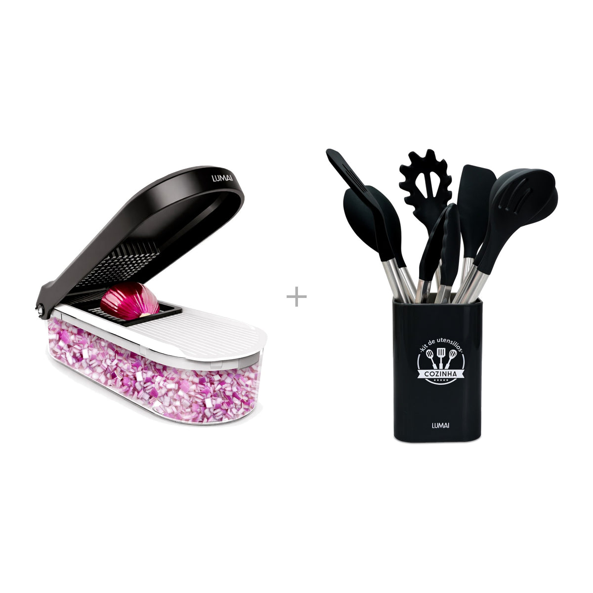 Kit Tóquio + Berlim: Fatiador 6 em 1 e 8 Utensílios de Cozinha Preto: os itens do kit lado a lado