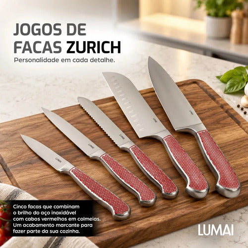 Conjunto de Facas 5 Peças Aço Inox Inteiriço Zurique Vermelho