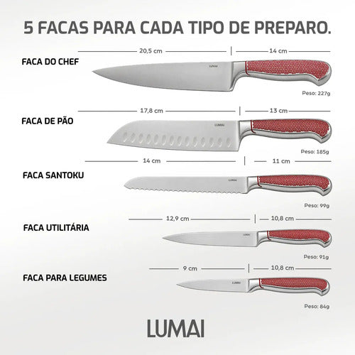 Conjunto de Facas 5 Peças Aço Inox Inteiriço Zurique Vermelho