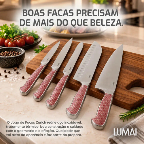 Conjunto de Facas 5 Peças Aço Inox Inteiriço Zurique Vermelho