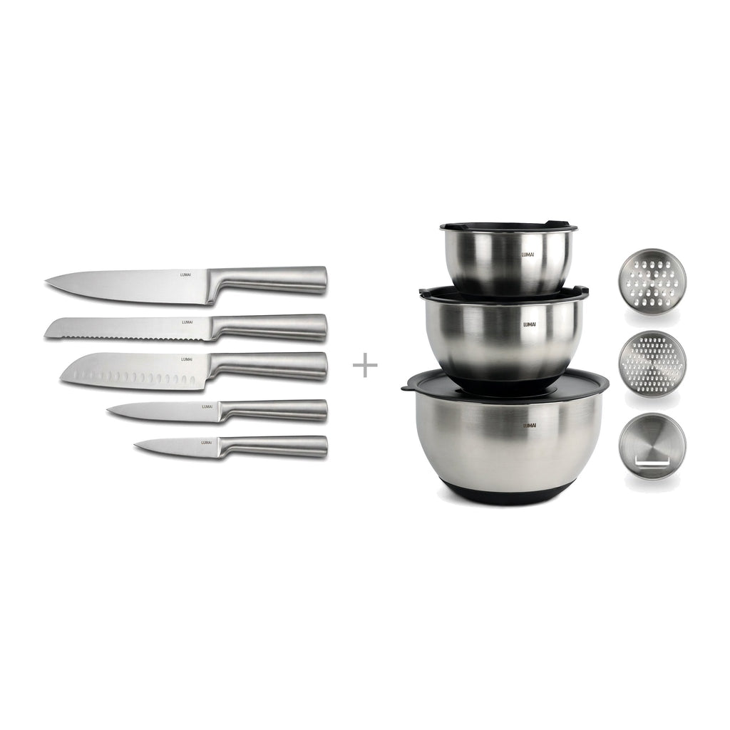 Kit Zurique + Tigelas: as 5 facas Zurique e as 3 tigelas de inox empilhadas com os discos raladores
