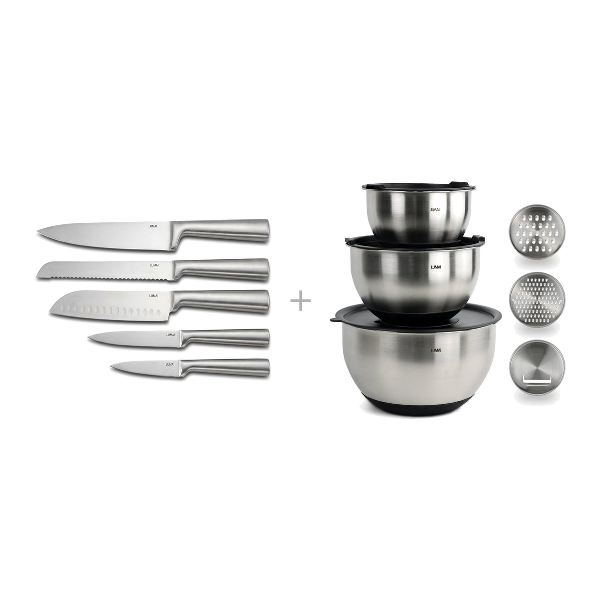 Kit Zurique + Tigelas: as 5 facas Zurique e as 3 tigelas de inox empilhadas com os discos raladores