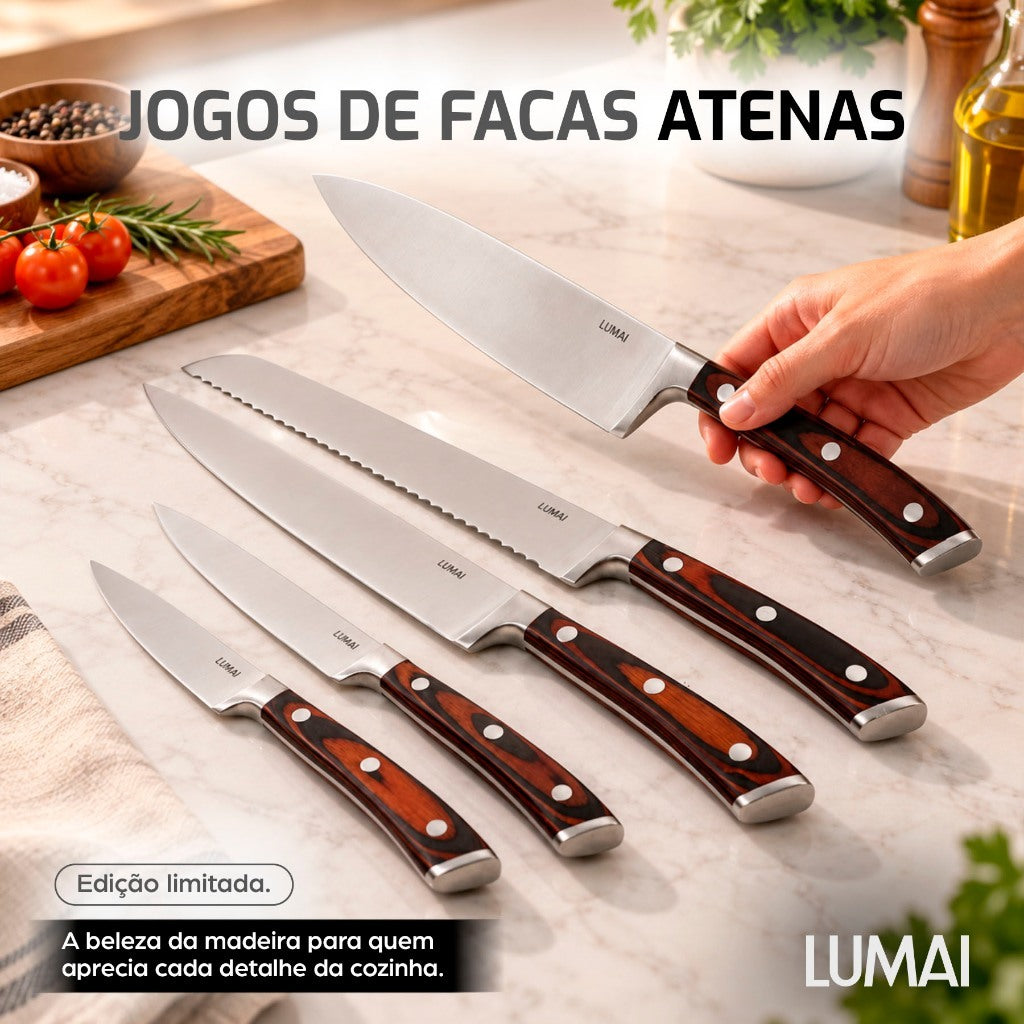 Conjunto de Facas 5 Peças Cabo de Madeira Atenas