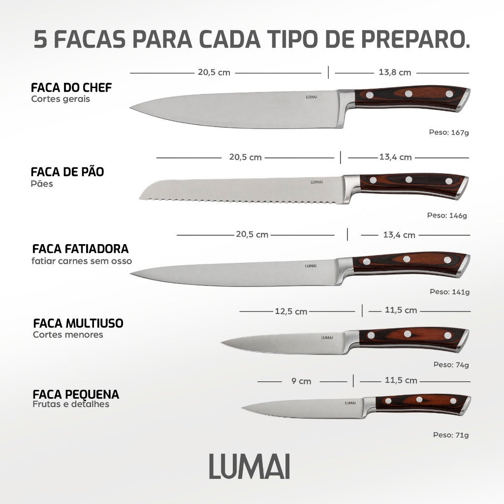 Conjunto de Facas 5 Peças Cabo de Madeira Atenas