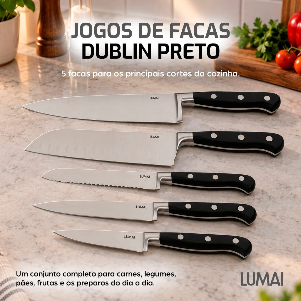 Conjunto de Facas 5 Peças 3 Rebites Dublin Preto