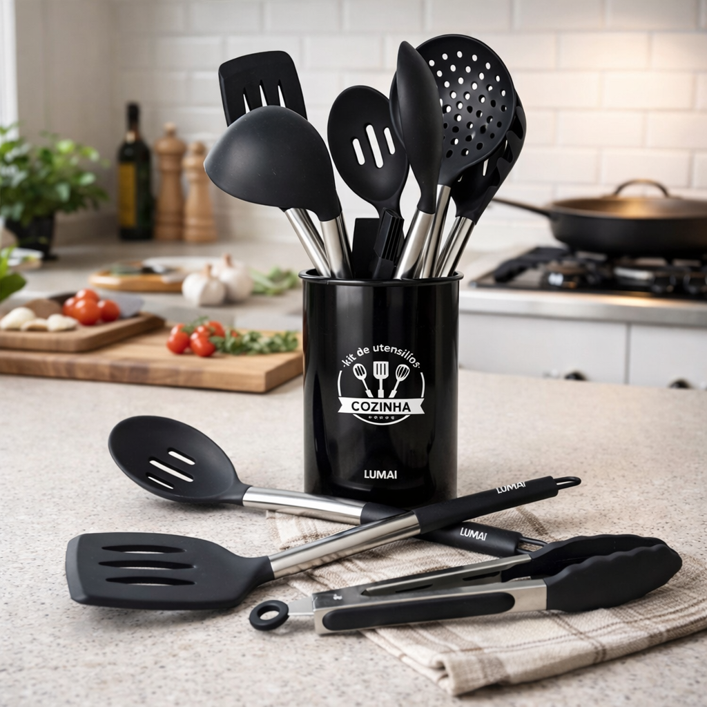 Kit de 10 Utensílios com Cabo de Aço Inox e Silicone Barcelona Preto