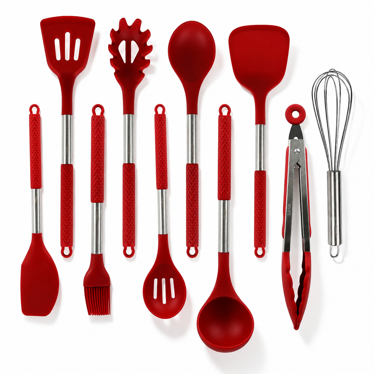 Kit de 10 Utensílios com Cabo de Aço Inox e Silicone Berlim Vermelho