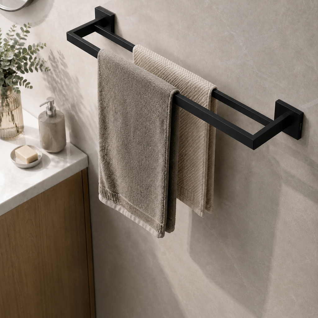 Toalheiro Duplo Aço Inox Base Quadrada Salerno Preto