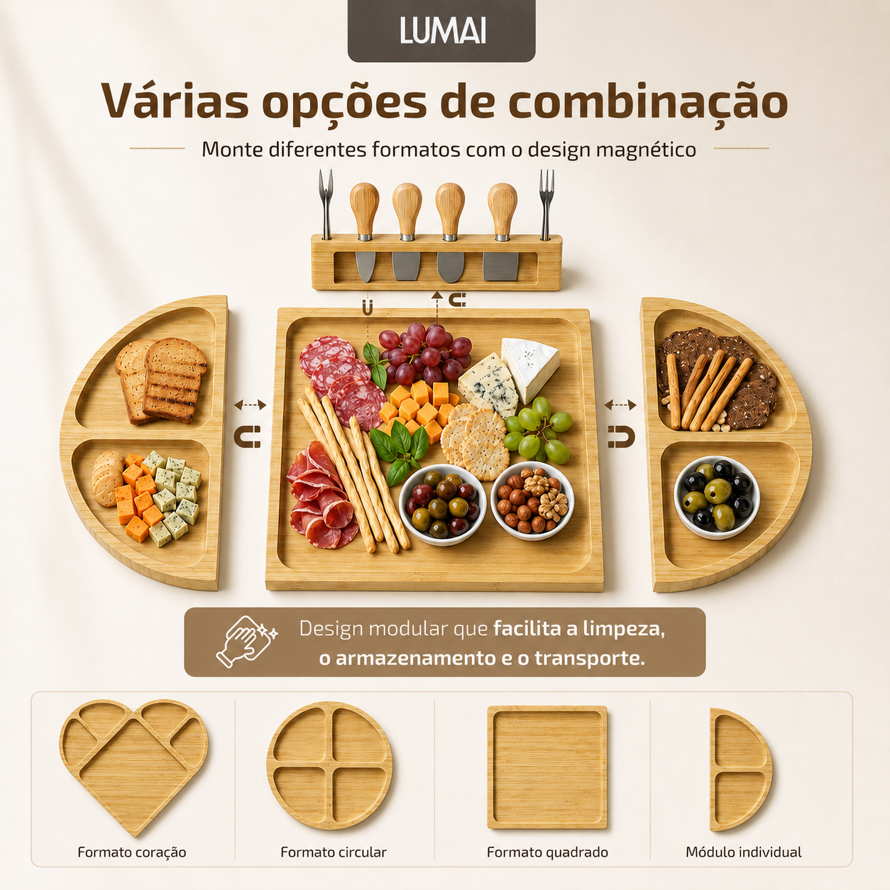 Tábua de Bambu Modular com Imãs Toscana Formato Coração