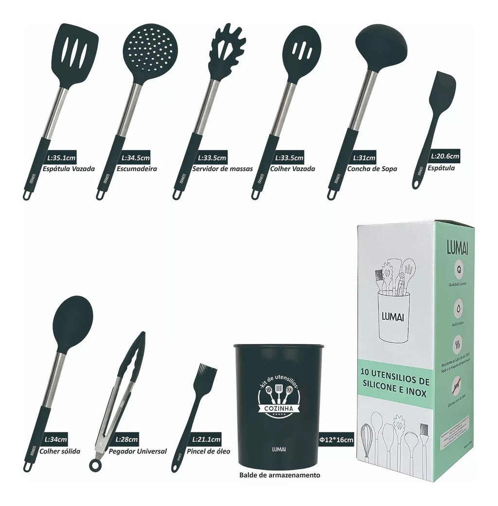 Kit de 10 Utensílios com Cabo de Aço Inox e Silicone Barcelona Preto
