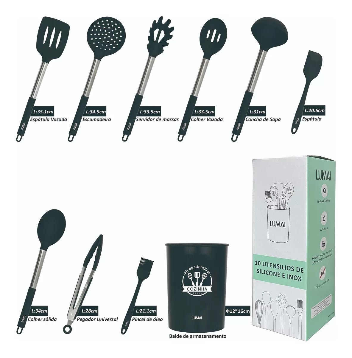 Kit de 10 Utensílios com Cabo de Aço Inox e Silicone Barcelona Preto